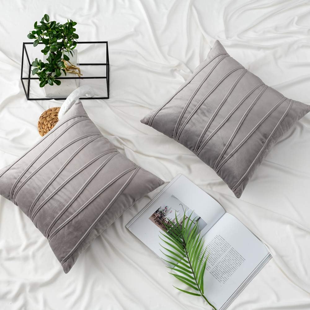 NATUS WEAVER Throw Pillow Covers 16 x 16 Soft Solid Handmade Decorative Stripe Velvet Striped Zigzag Cushion Covers for Couch Sofa Bedroom Car 2 Pieces Cushion Cases Light Green: Home & Kitchen