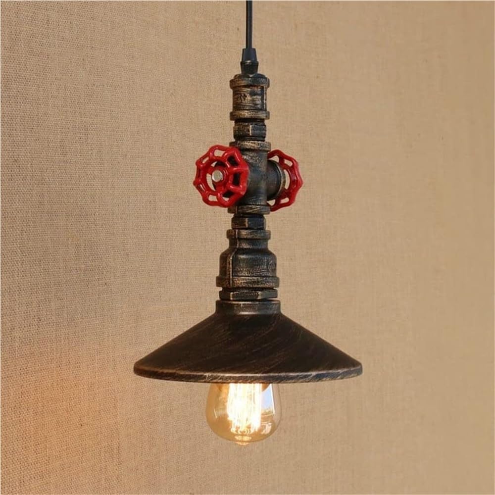 BLOOHK Steampunk Pipe Pendant Light, Industrial Red Valve Hanging Ceiling Lamp