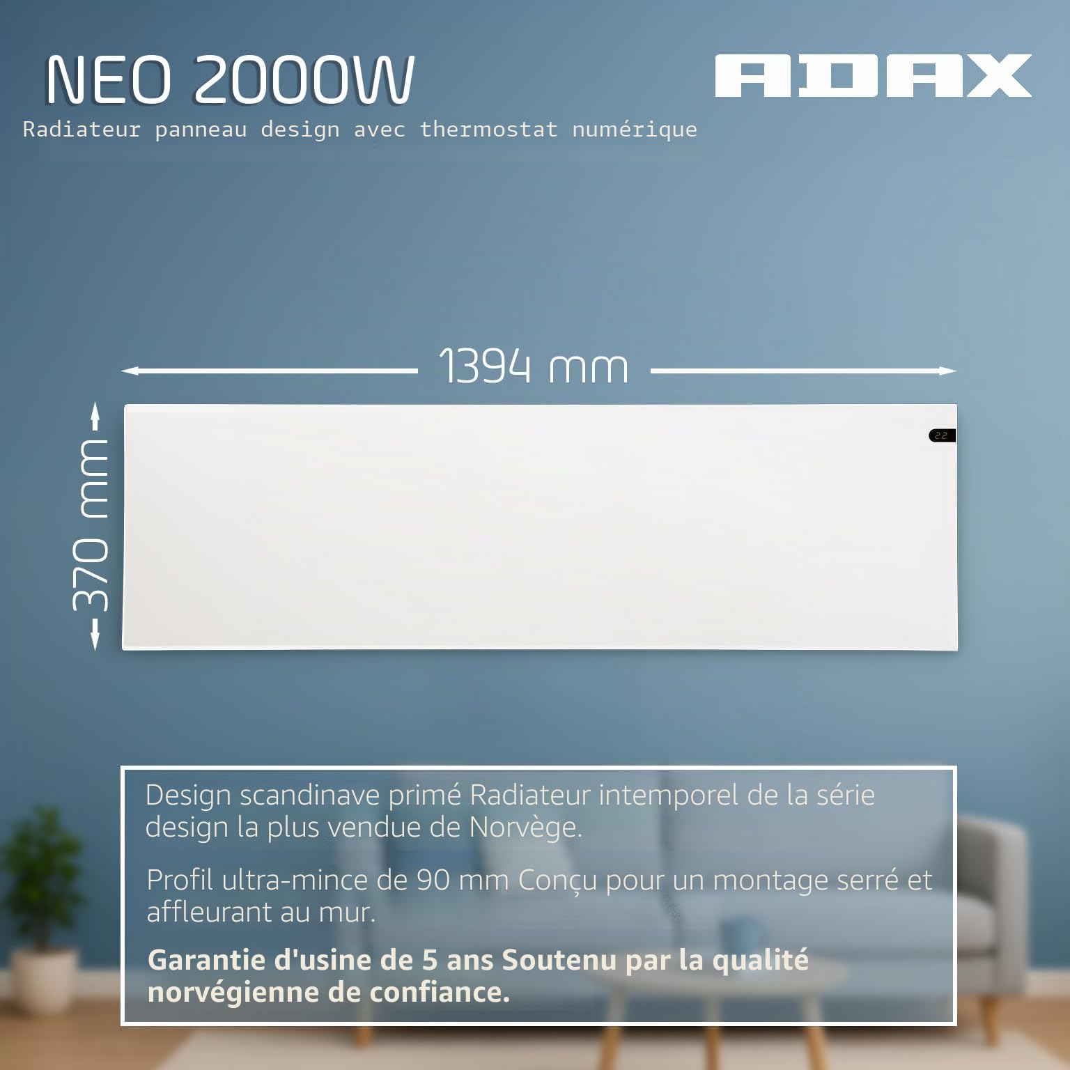 Adax Neo NP - Radiateur Electrique 2000W | Chauffage Electrique | Faible Consommation d'Energie | Chauffage d'appoint | Convecteur Electrique Mural avec Thermostat | Hauteur 370mm | KDT Blanc