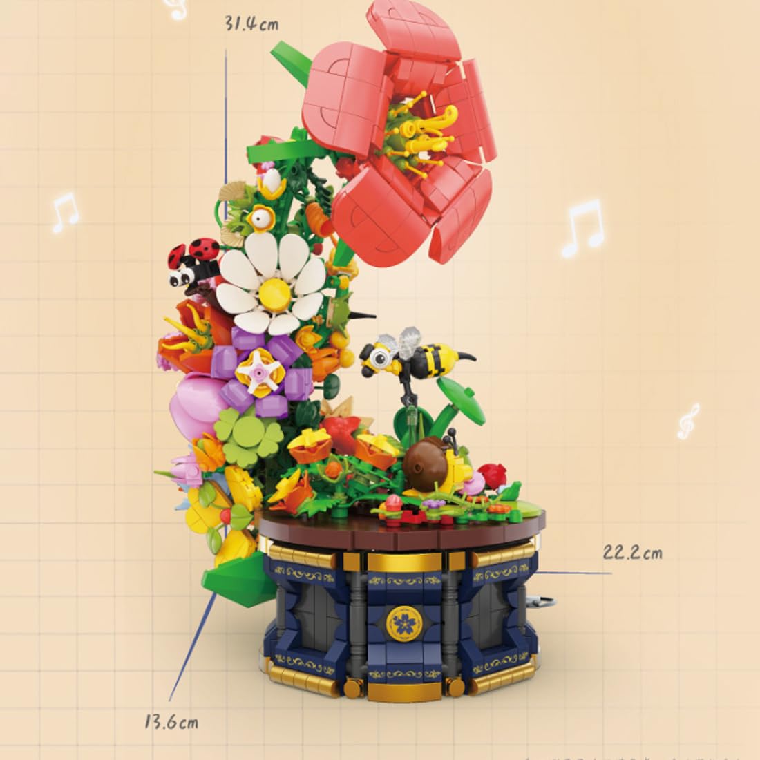 Blumen und Insekt Musikbox Bausteine, 1426 Klemmbausteine Street View Architektur Modellbausatz, Technik Spieluhr des Dschungel Bauset Home Office Decor Geschenke für Jungen Erwachsene