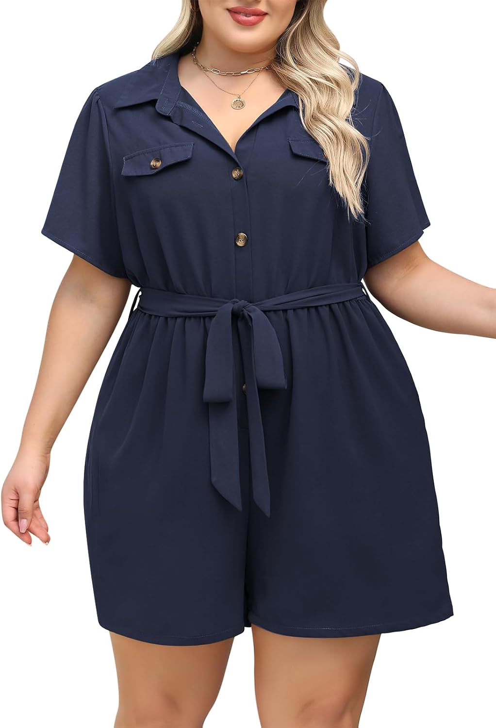 Nemidor Womens Plus Size Casual Romper Summer Casual Dressy Outfits Short Pants Jumpsuit with Belt and Pocket 16-26