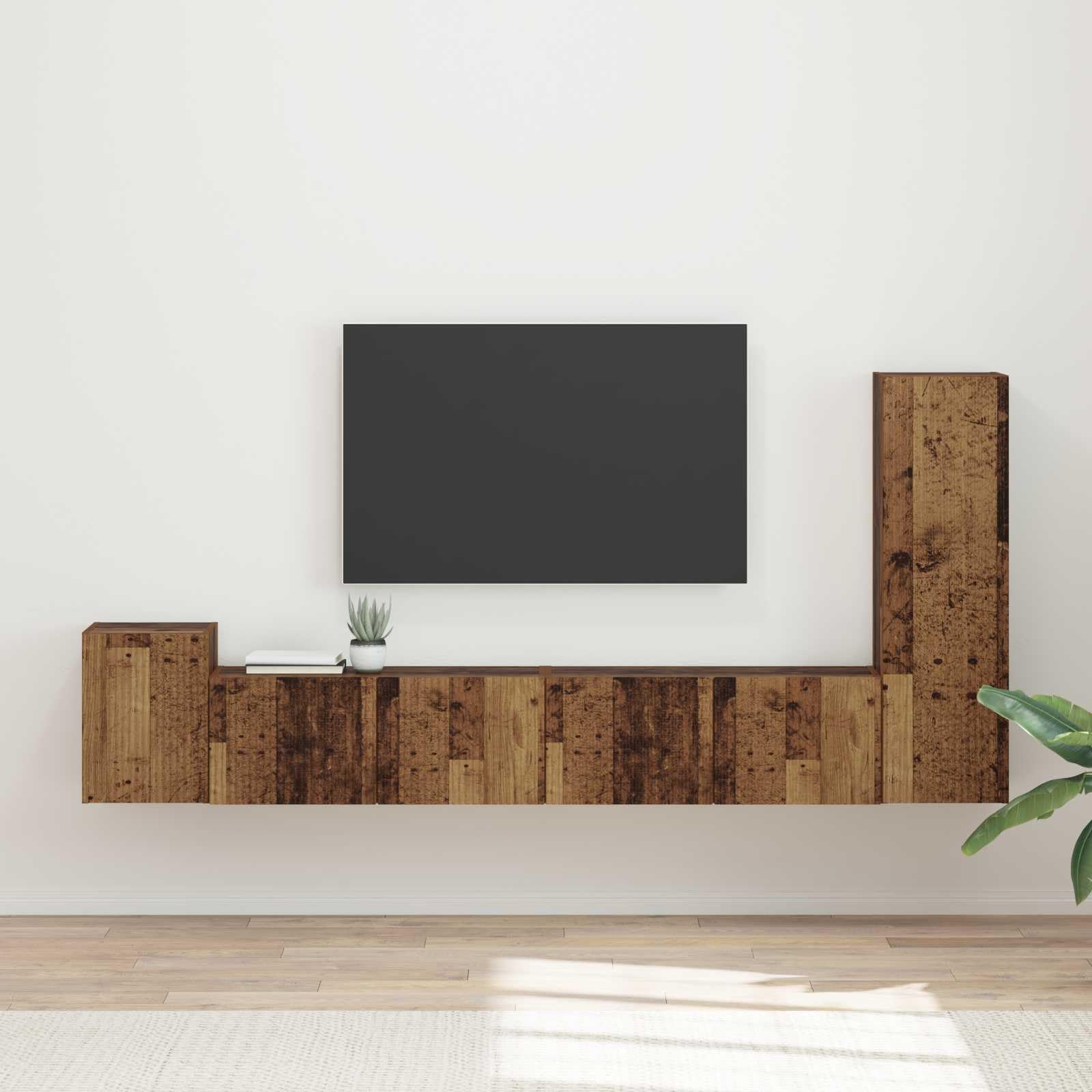 TV-Schrankset Wandmontiert 3-teilig, Altholz Holzwerkstoff, Modernes Media Center für Wohnzimmer, Schlafzimmer, 30x31x100 cm