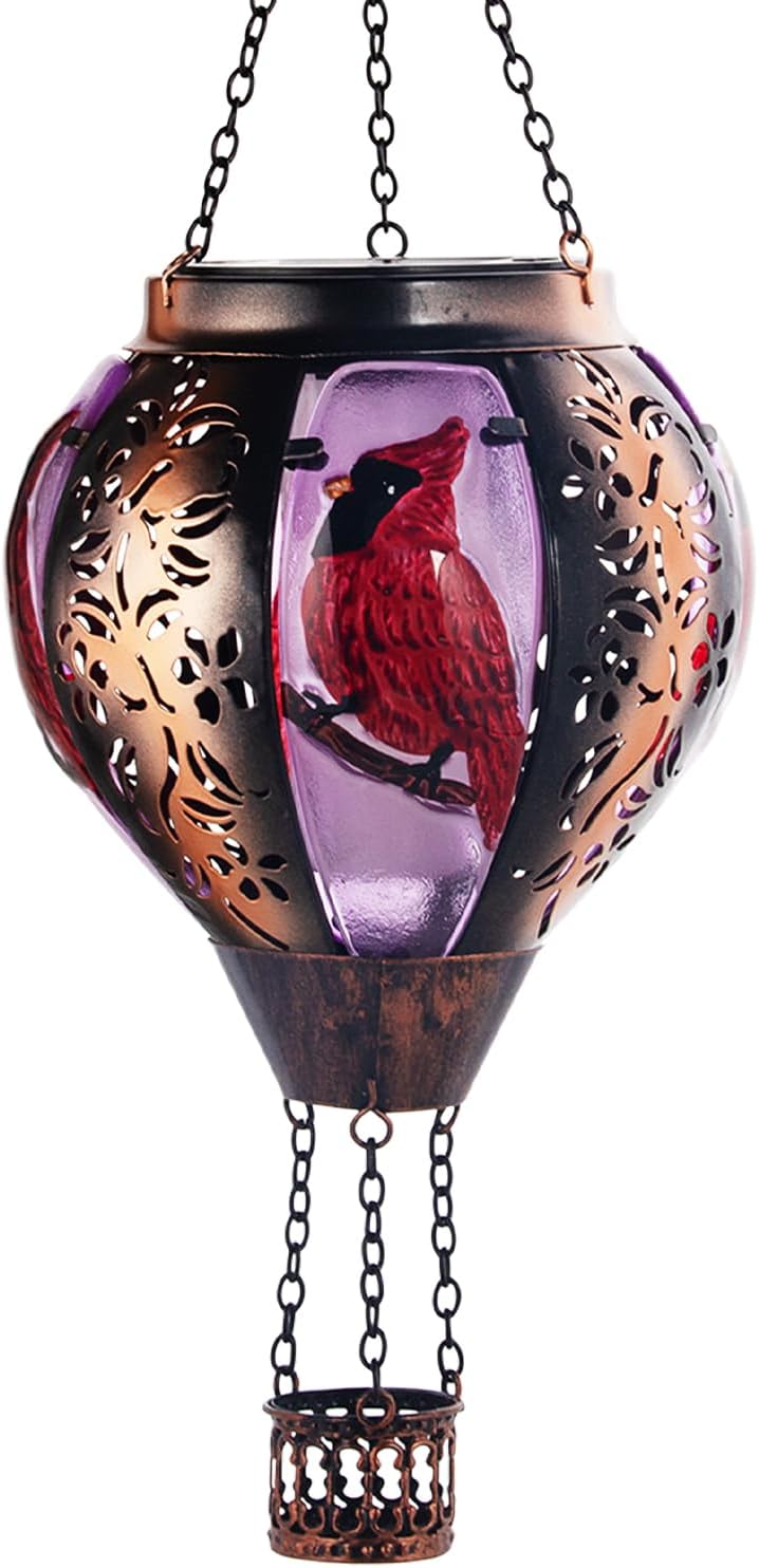 Gift for Moms Hot Air Balloon Solar Lantern with Flickering Flame Light Outdoor Solar Hanging Lights Waterproof for Garden Yard Farmhouse Patio Pathway Christmas Decoration,Glass&Metel(Cardinal)