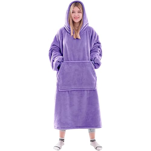 Waitu Wearable Blanket Sweatshirt Gifts for Women and Men, Super Warm and Cozy Blanket Hoodie, Thick Flannel Blanket with Sleeves and Giant Pocket - Purple