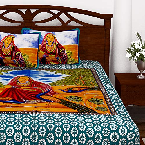 Image of Story@Home Vintage Jaipuri Collection 152 TC Cotton 1 Bedsheet for Double Bed and 2 Pillow Cover - Floral, Blue