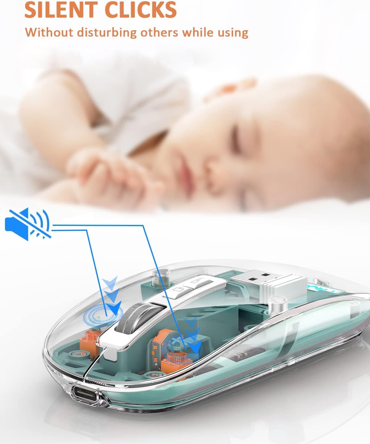 Diagram showing sound waves being suppressed from the mouse buttons, illustrating the silent click feature.