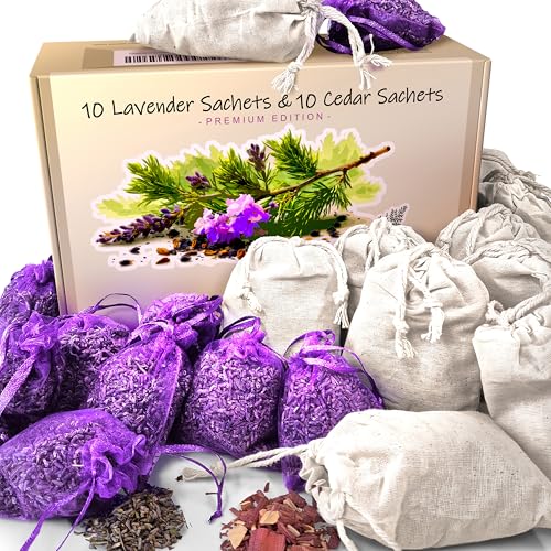 Vivenzia Paquete de 20 sobres de cedro y bolsitas de lavanda para cajones y armarios, bolsas de lavanda seca y chips de cedro para almacenamiento de ropa, ambientadores de cajones para tocador.