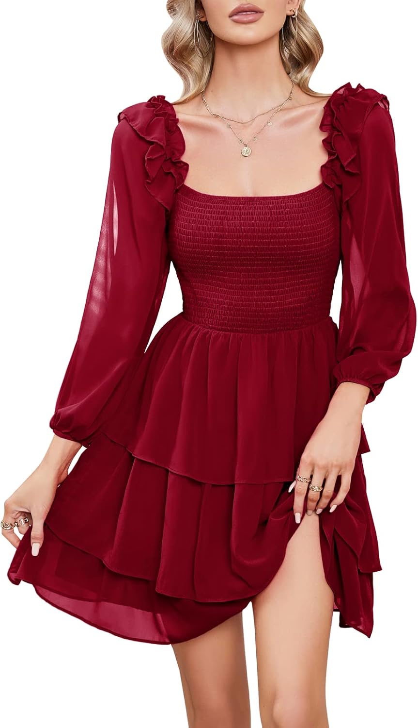 Byinns Women's Smocked Ruffle Mini Dress Square Neck Long Sleeve Party Dress Cute Cottagecore Wedding Guest Dress 2026 Trendy