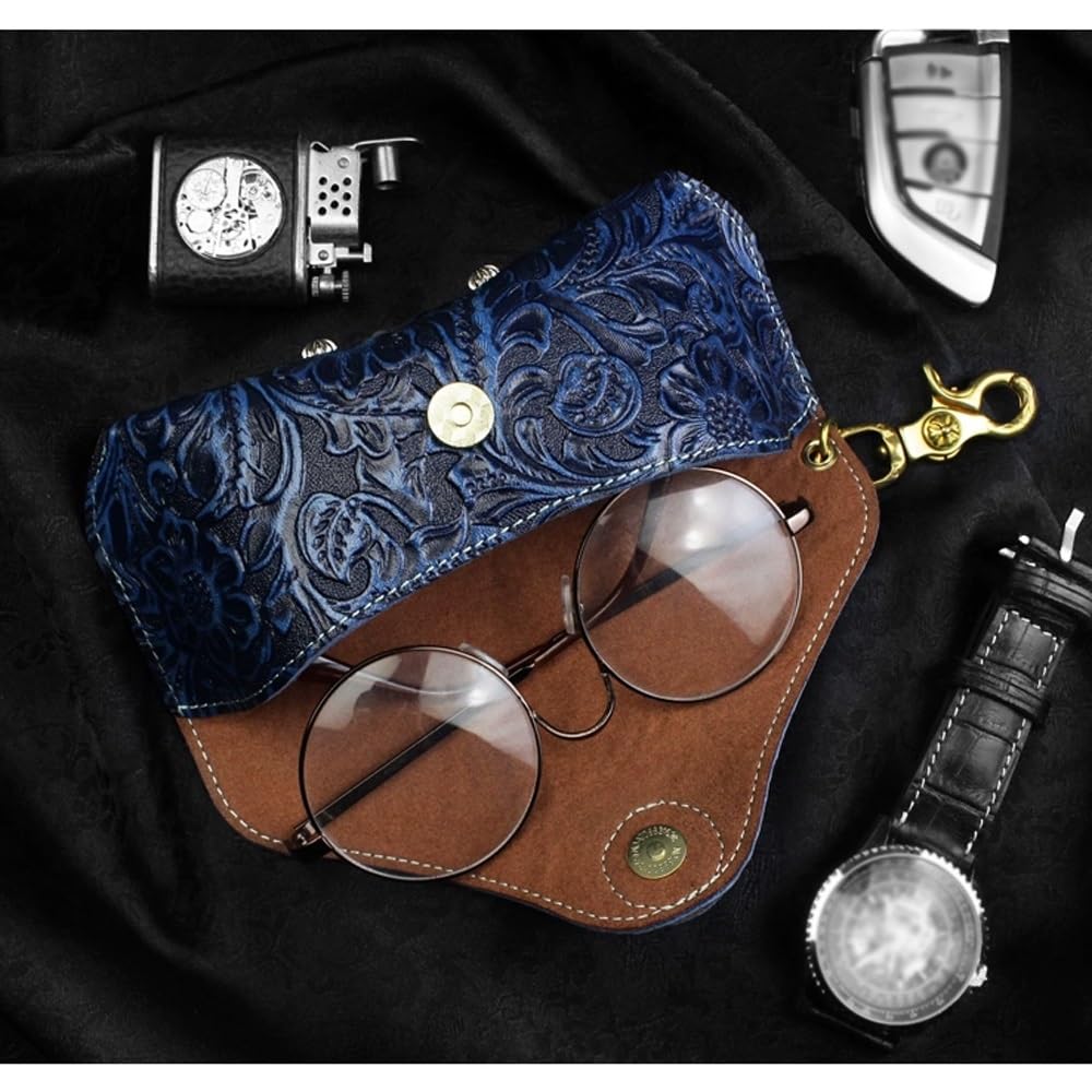 Przenośne skórzane etui na okulary, retro etui na okulary przeciwsłoneczne odporne na ściskanie wąskie etui dla kobiet mężczyzn poziome etui na okulary (Grey : Blue, Size : S)