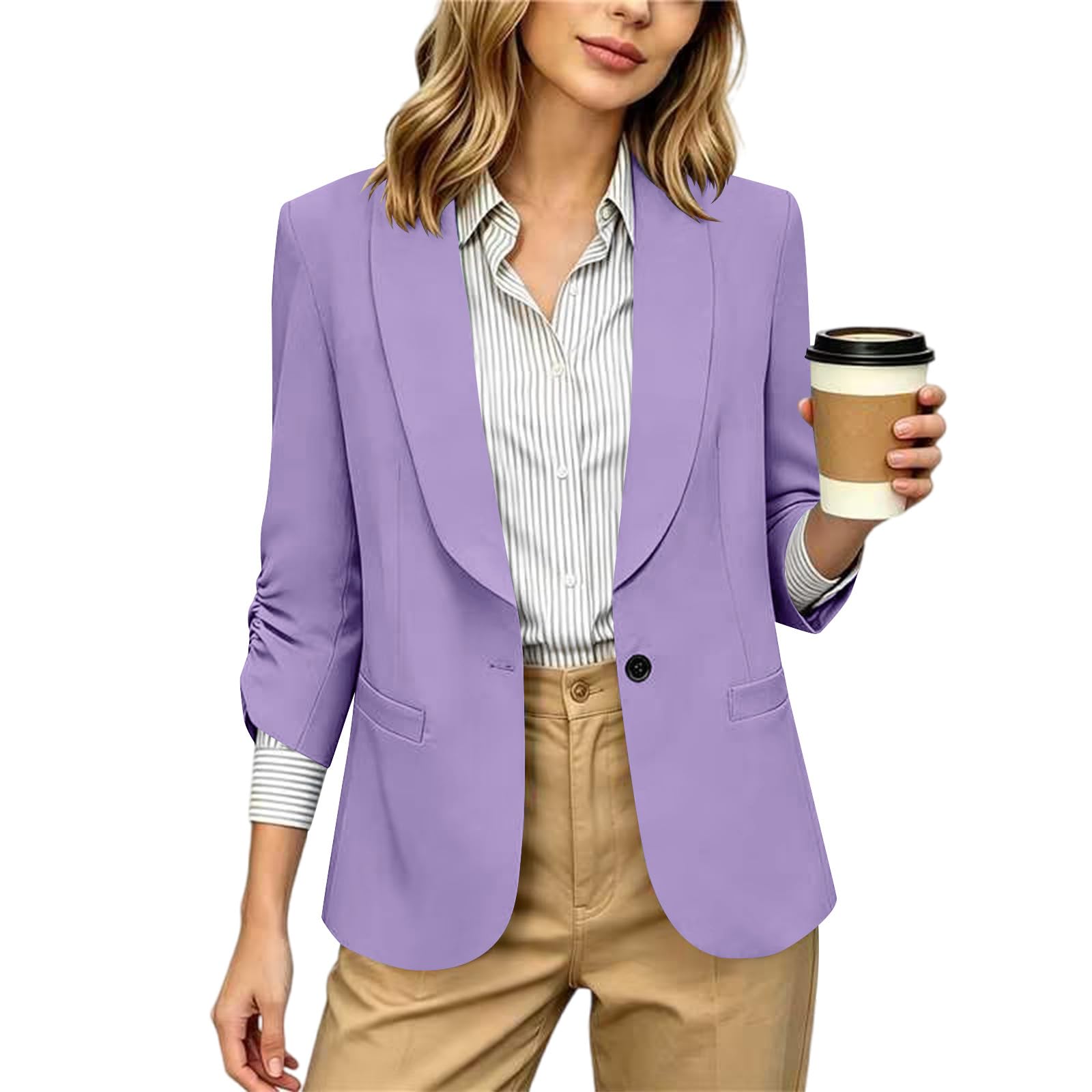 RLEHJN Damen Blazer,Lange Casual Open Front Gefütterte Blazer Arbeit Büro Jacken mit Taschen Sportlich Elegant Blazerjacke Casual Blazer Jacket Übergangsjacke Business Casual Outfits Für Die Arbeit