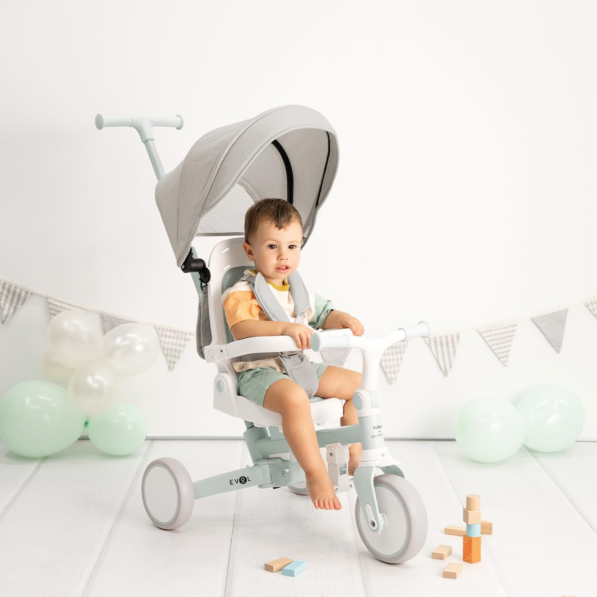 Triciclo Evolutivo 5 en 1 Olmitos by Tutete para Bebés y Niños 12 Meses a 6 Años | Convertible en Bicicleta con o sin Pedales | Mango de Empuje, Cinturón 5 Puntos, Capota y Plegado Compacto