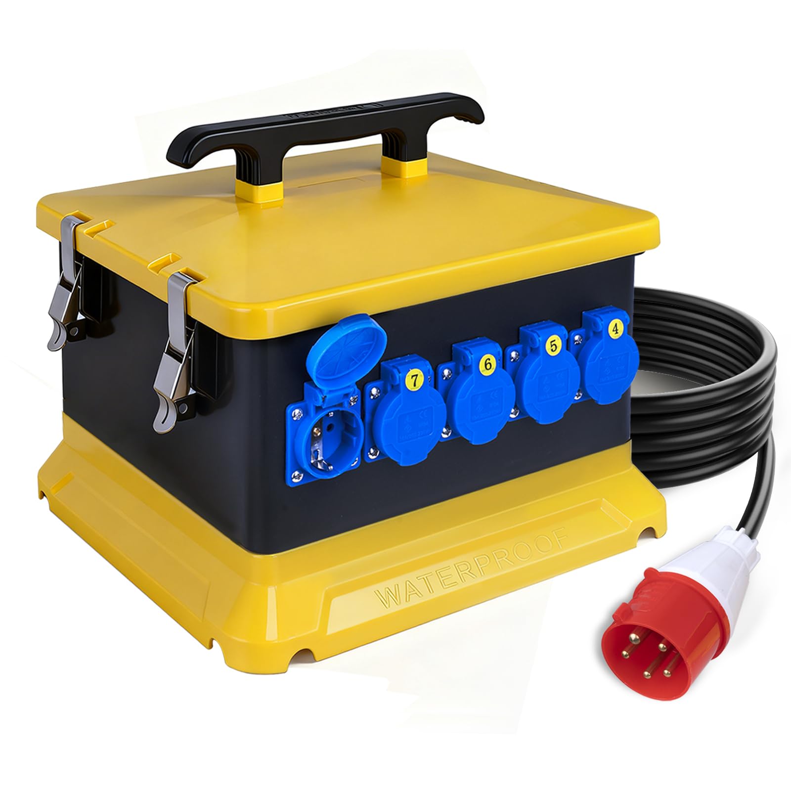 Distribuidor de Corriente para construcción, 30 módulos con Interruptor de protección, IP54, Resistente al Agua, Caja de Enchufe portátil con IP54, 230 V/16 A, Enchufe Schuko, IP44