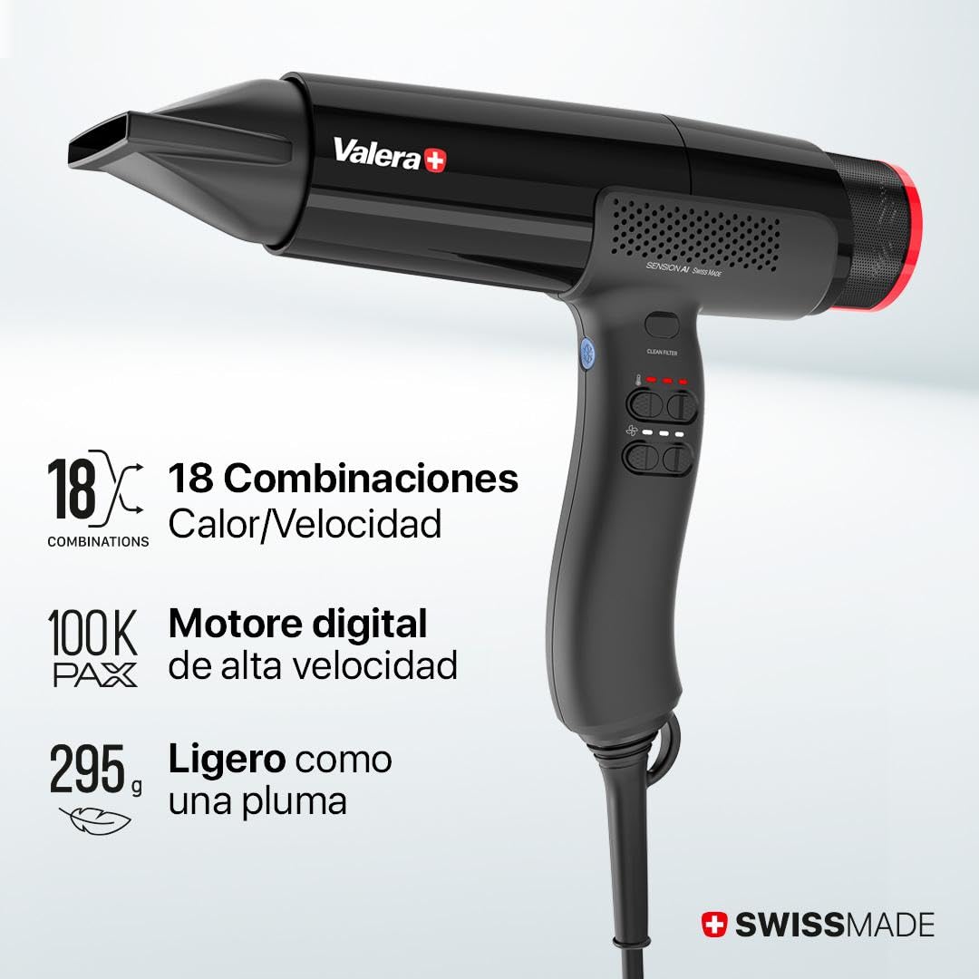 Valera, Sension AI, Secador de Pelo Profesional de Alta Velocidad, Ligero, Motor Digital, 18 Niveles de Temperatura y Flujo de Aire, Ionizador, 2000 W, Swiss Made