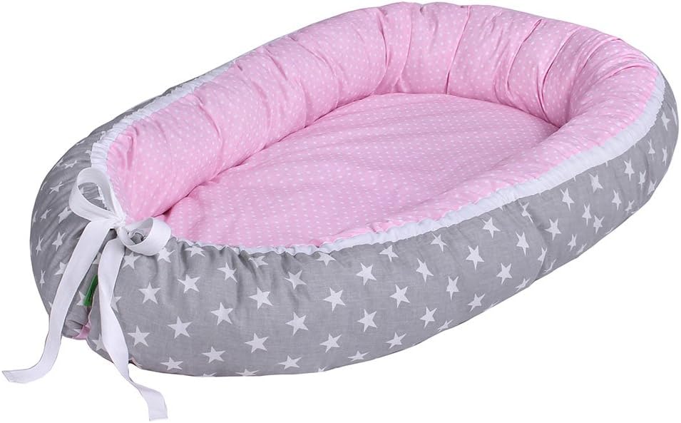 LULANDO Baby-Nest, 100% cotton, anti-allergy, Oeko-Tex certificate, external measurements: 80cm x 45cm x 15cm /internal 70cm x 30cm ( Grey Clouds / Dots Pink )