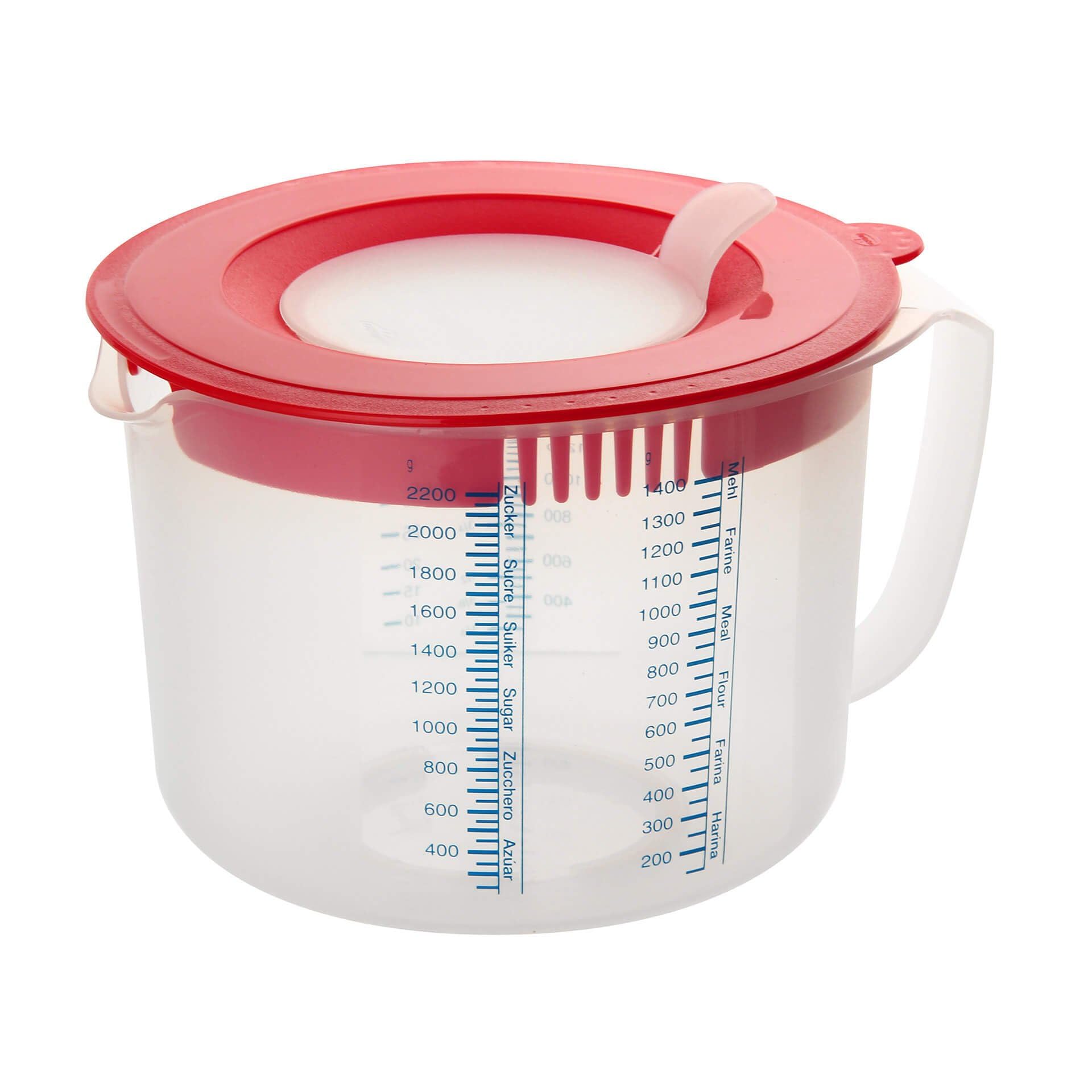 Dr. Oetker Mess- und Rührbecher 2,2 L – Multifunktionaler Küchenhelfer mit Spritzschutz, Rot/Transparent, Spülmaschinenfest