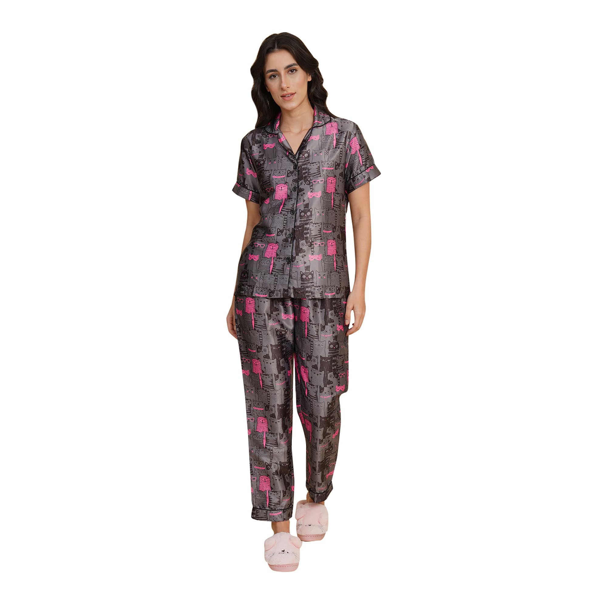 fbella Women Dark Grey Quirky Print Satin Night Suit-picture-34