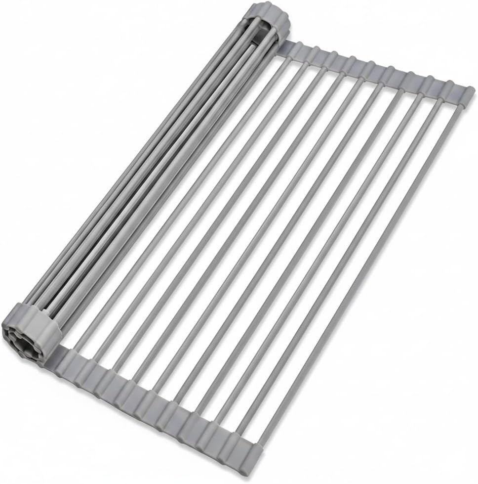 Roll Up Dish Drying Rack Over Sink, 20.47" x 12.99" Foldable Silicone Wrapped Stainless Steel Over The Sink Dish Drying Rack, Grey