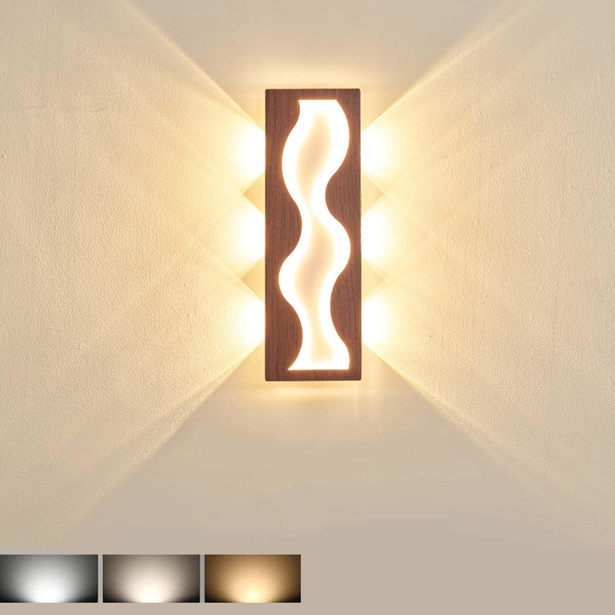 AoLa 26W LED Wandleuchte Innen Lange Wandlampe Modern Holzoptik 3 Farbtemperaturen 3000K/4000K/6000K mit Acryl Lampenschirm Wandbeleuchtung Deko Lampe für Schlafzimmer Wohnzimmer Flur
