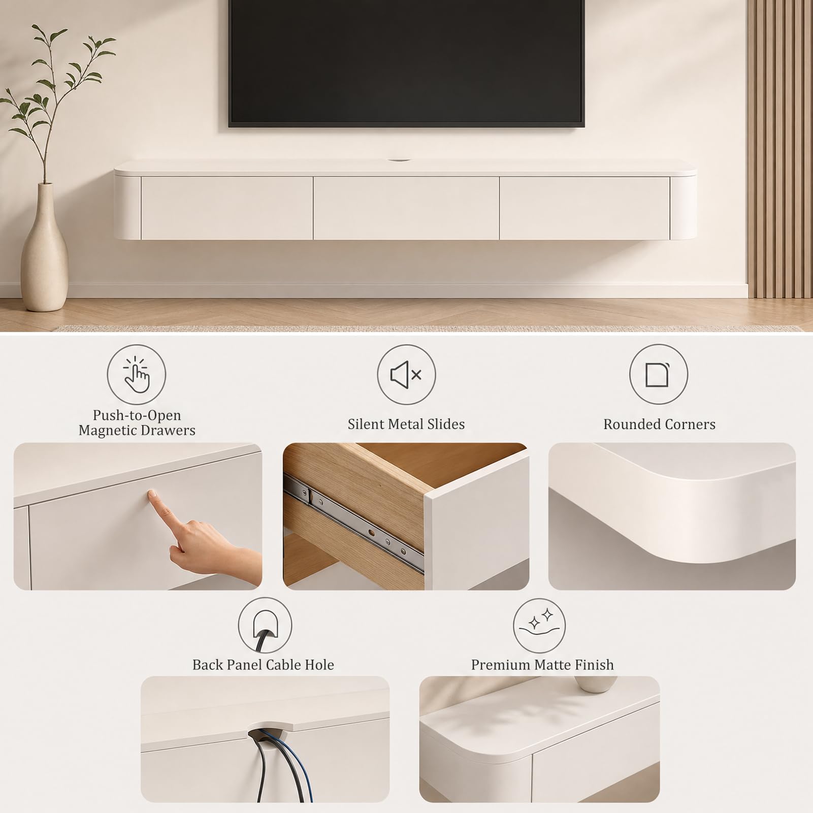 Weiß TV Schrank Schweben,240cm TV Board Hängend,mit 2 Schubladen & 2 Klappen,TV Lowboard Mit Kabelmanagement, TV Tisch für Wohnzimmer und Esszimmer,Einfache Montage