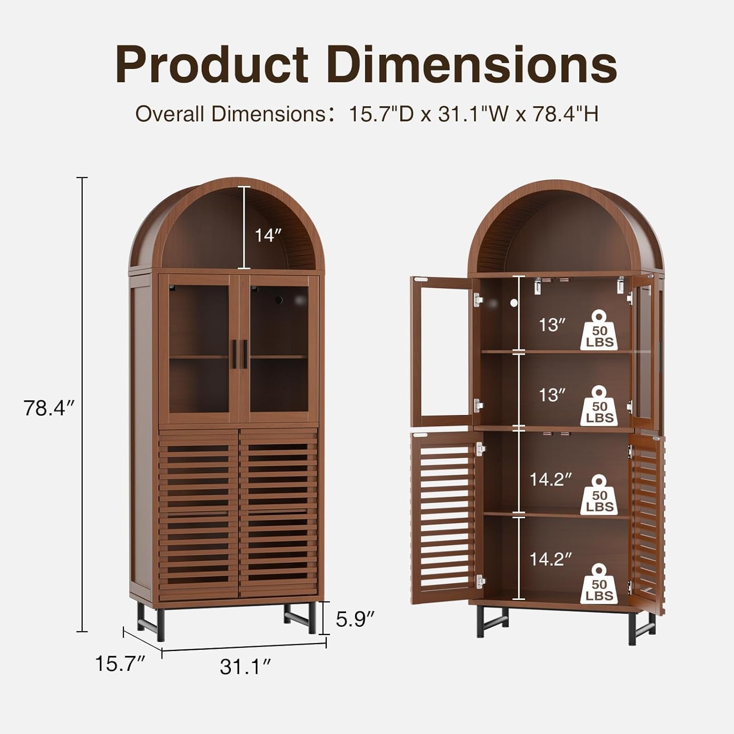 Vabches 78.4" Tall Arched Wine Bar Cabinet with LED Light, Liquor Cabinets with Glass Doors, Coffee Bar Cabinet with Metal Legs, Kitchen Pantry Cabinet for Dining Room, Living Room, Walnut