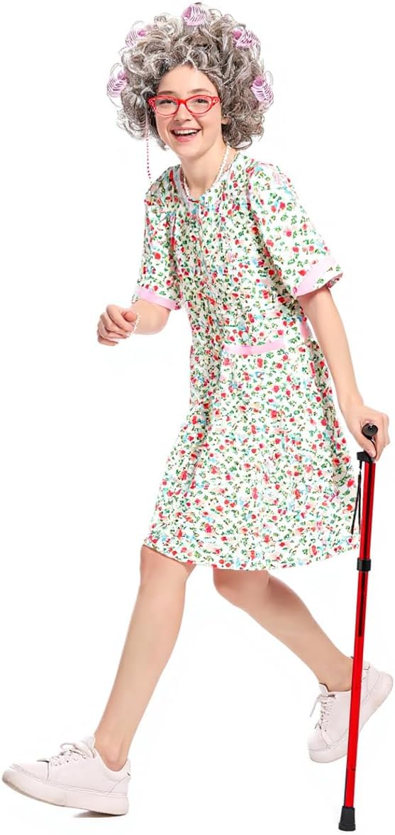 Old Lady Costume Kit for Women - Complete Halloween Set with Nightgown, Realistic Grey Wig, Cane & Accessories (Grandma Cosplay, Adult Size)