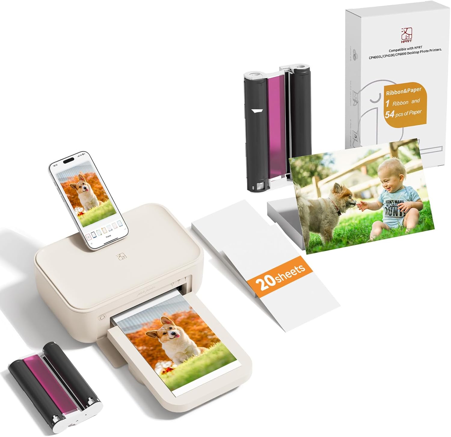 HPRT CP4100 4x6 Photo Printer, Full-Color Thermal Dye Sublimation Wi-Fi Printing, Portable Instant Picture Printer for iPhone/Android, AR Video, Fun App（20 Sheets ）,+Photo Paper 54 Pieces with 1 Cartr