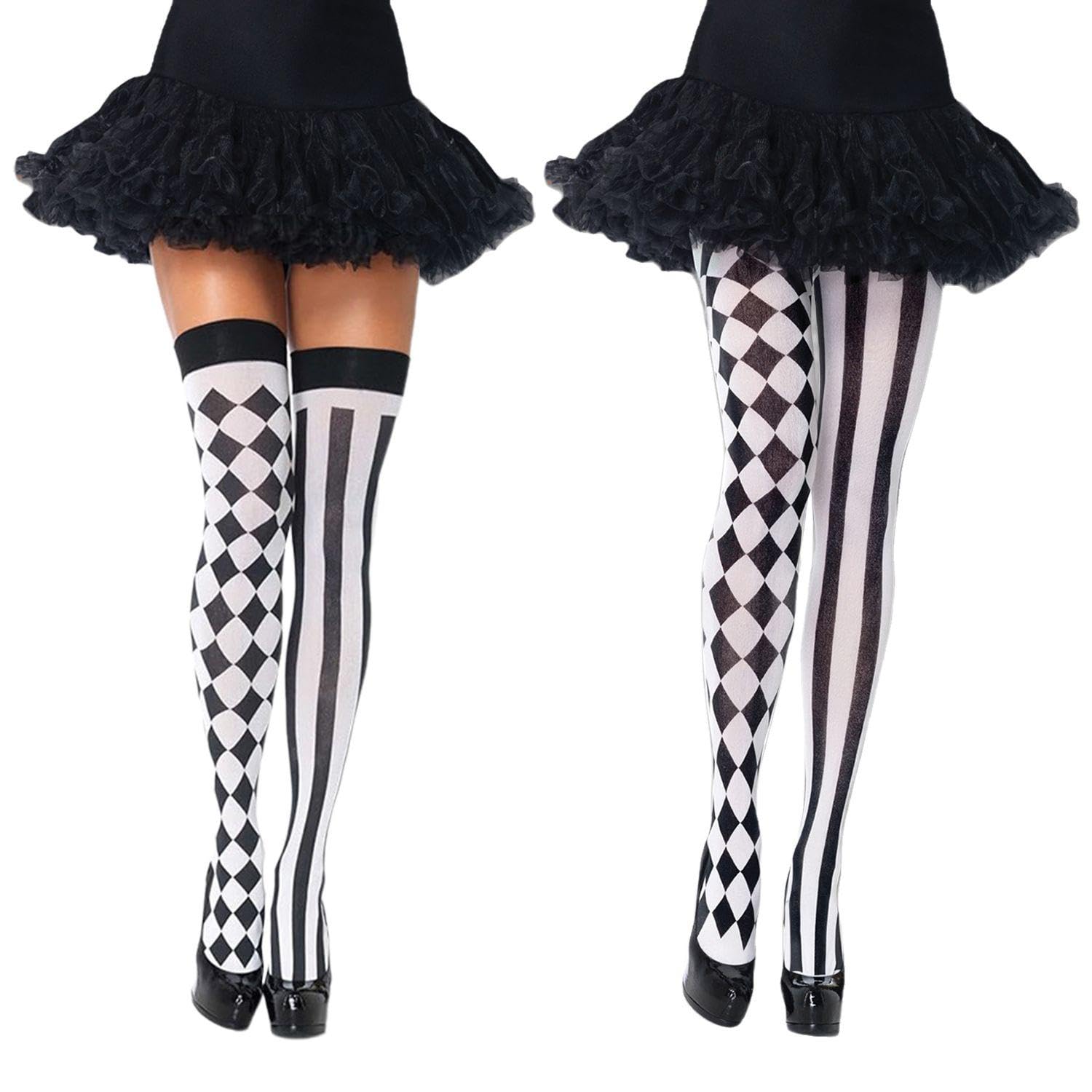 FFDHWU 1 Pair Of Calf Socks And 1 Pair Of One-Piece Socks, Black And White Diamond Pattern Texture, Cosplay Costume Matching, Suitable For Masquerade Parties.
