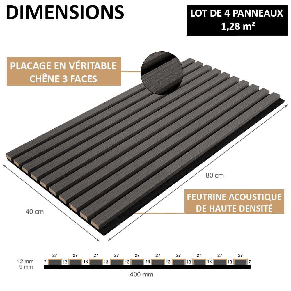 Panel acústico de tablillas de madera | Juego de 4 paneles de pared de 1,28 m² | Aislamiento acústico | Chapa de roble de 3 caras | Instalación fácil de pared o techo (roble negro)