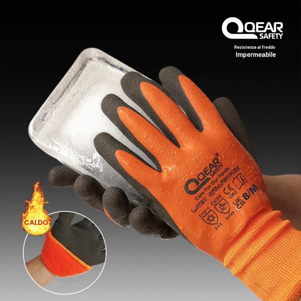 1 Paio Guanti da lavoro termici, resistenti al freddo e all'acqua, completamente rivestiti in lattice, palmo zigrinato per una migliore presa, L, Arancione.,