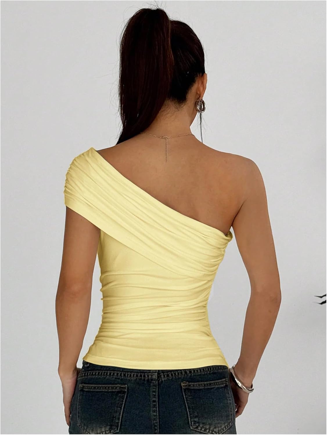 WDIRARA Women's One Shoulder Tops Ruched Asymmetrical Neck Blouse Fitted Tops - Image 2