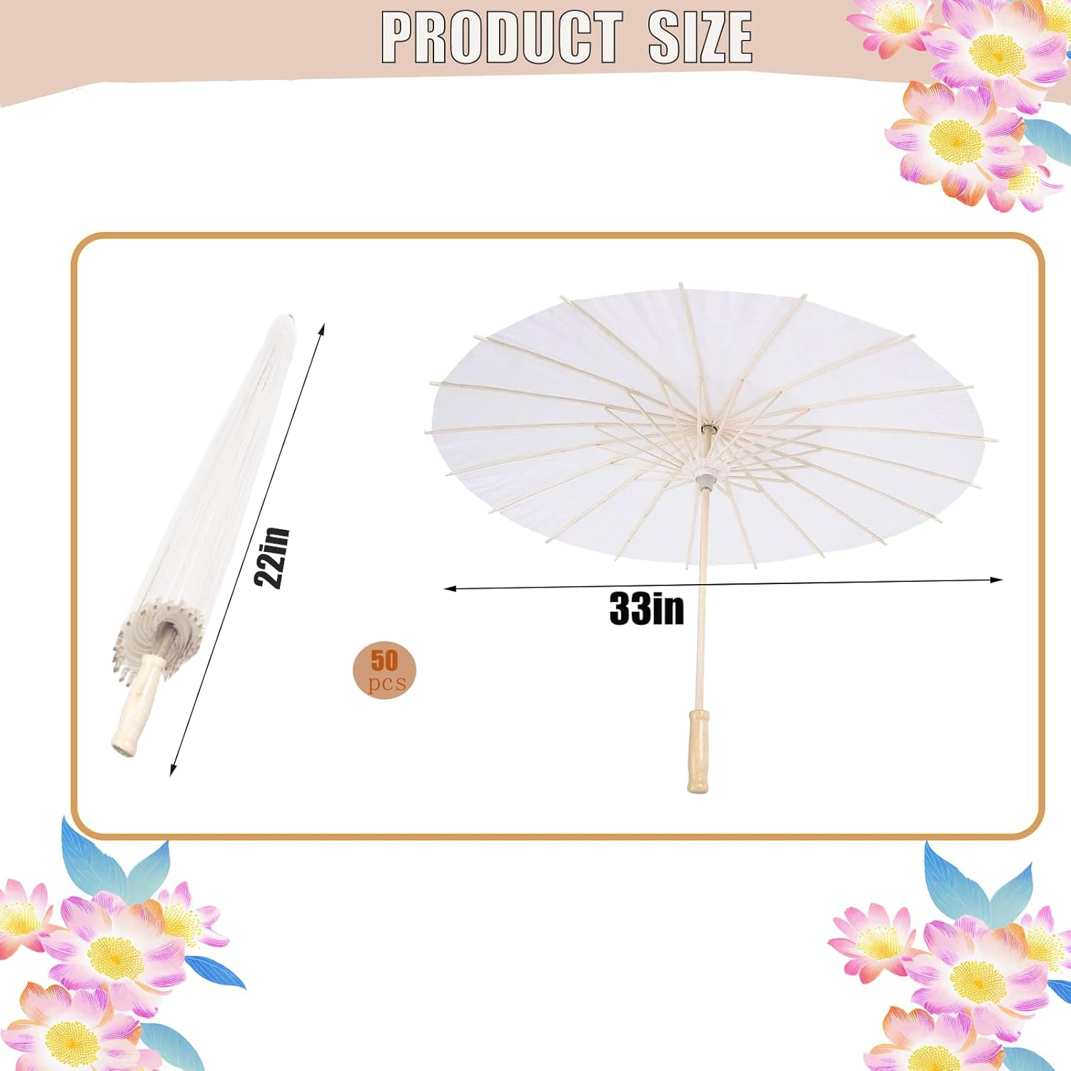50 Pack White 33 Inch Paper Parasols for Wedding Decor - Chinese Japanese Oiled Paper Umbrellas for DIY Painting, Bridal Shower, Party Decor & Photography Props