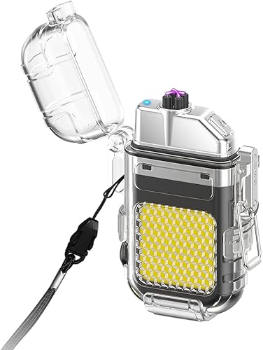 Encendedores de arco con linterna recargable, resistente al viento, impermeable, sin llama, transparente, doble USB, encendedor bueno para