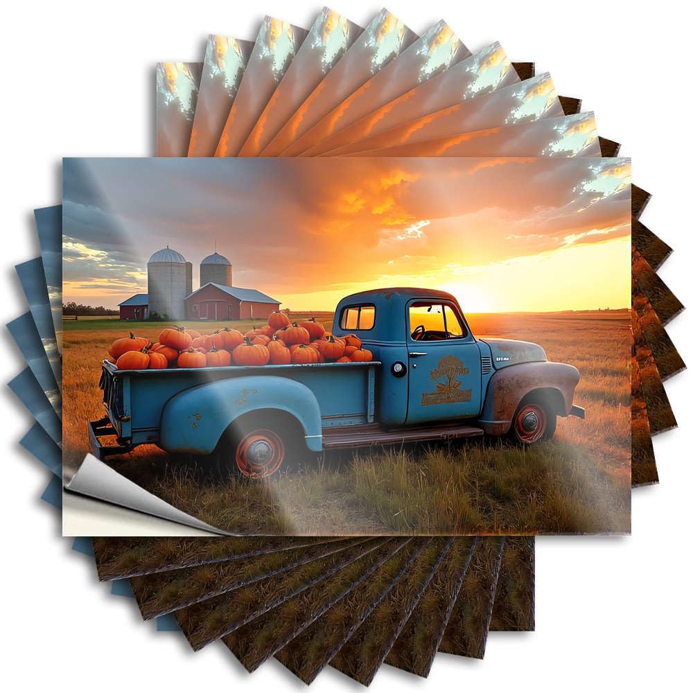 Stuff for Teens Fall Decals - Vintage Truck Loaded with Pumpkins At Sunset Hat Waterproof Vinyl Sticker(8X12CM)