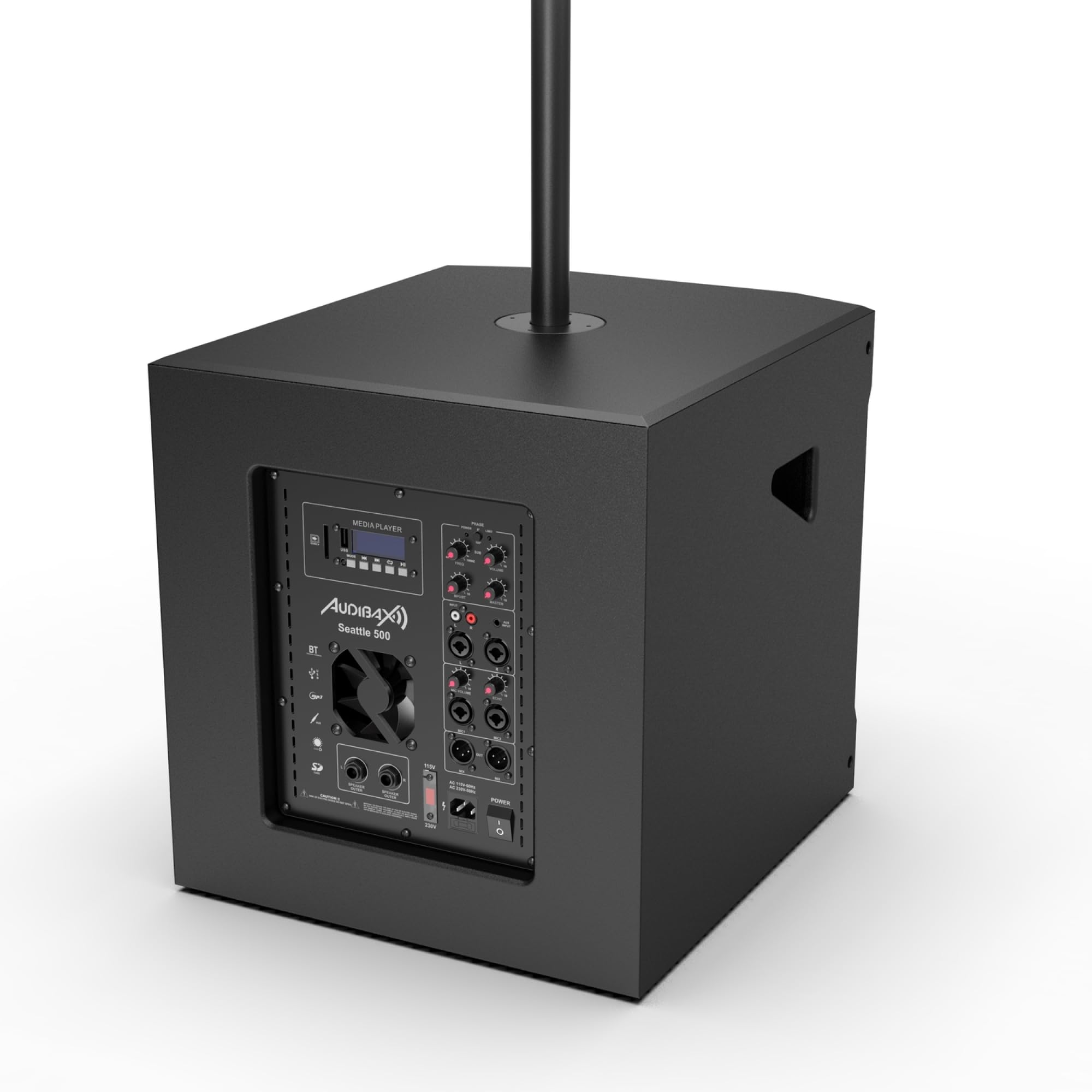 Audibax Seattle 500 - Set di Altoparlanti Stereo per Sistema PA - Line Array Compatto - Sistema a Colonne Attive - Potenza Subwoofer 300W RMS e Altoparlanti 100W+100W RMS - Connessione Bluetooth