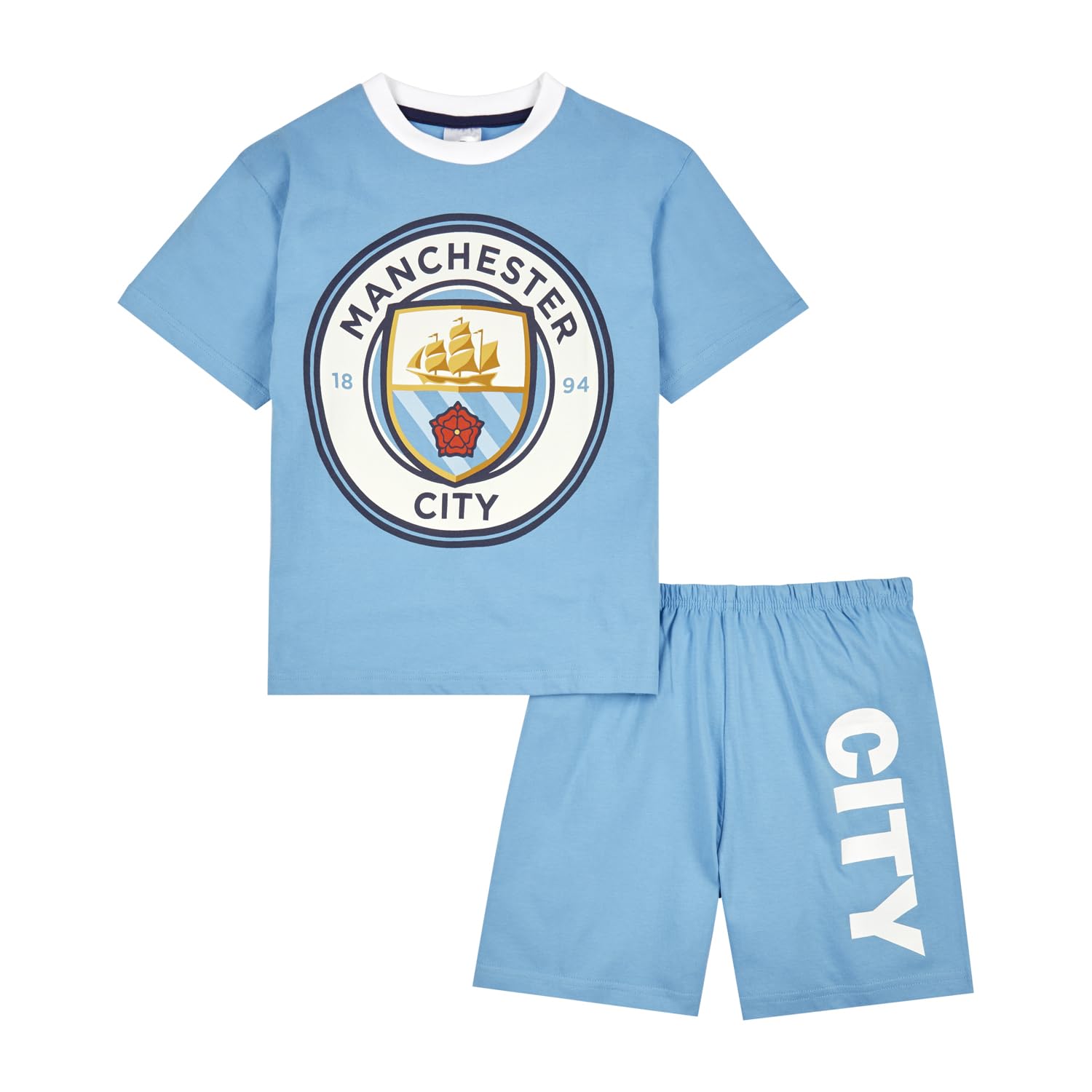 MANCHESTER CITY F.C. Boys Pyjamas, Man City T-Shirt and Shorts PJs Set, Man City Gifts for Boys