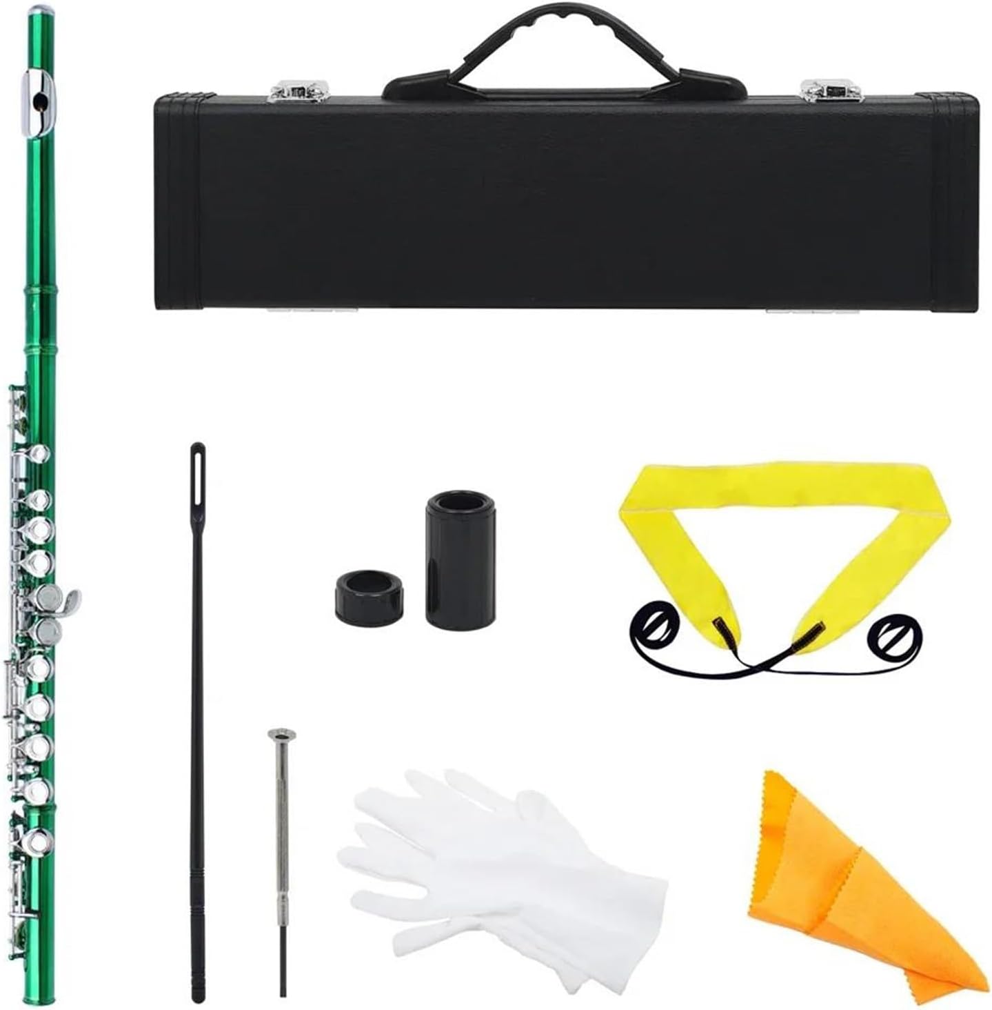 フルート 16 クローズドホールフルート C キー白銅コンサートフルート横木管楽器ボックスパーツ(Green)