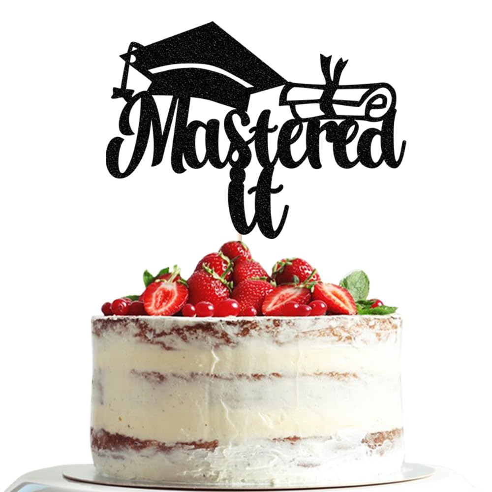 black Glitter Mastered It Cake Topper, 2025 graduation cake topper, Masters Graduation Party Decorations Supplies Congratulations MBA Graduation Party Decorations Supplies