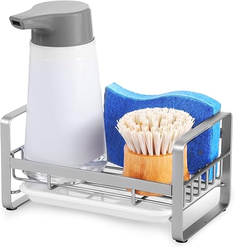 HULISEN Soporte de esponja para fregadero de cocina de acero inoxidable 304 organizador de dispensador de jabón de cocina escurridor de platos de