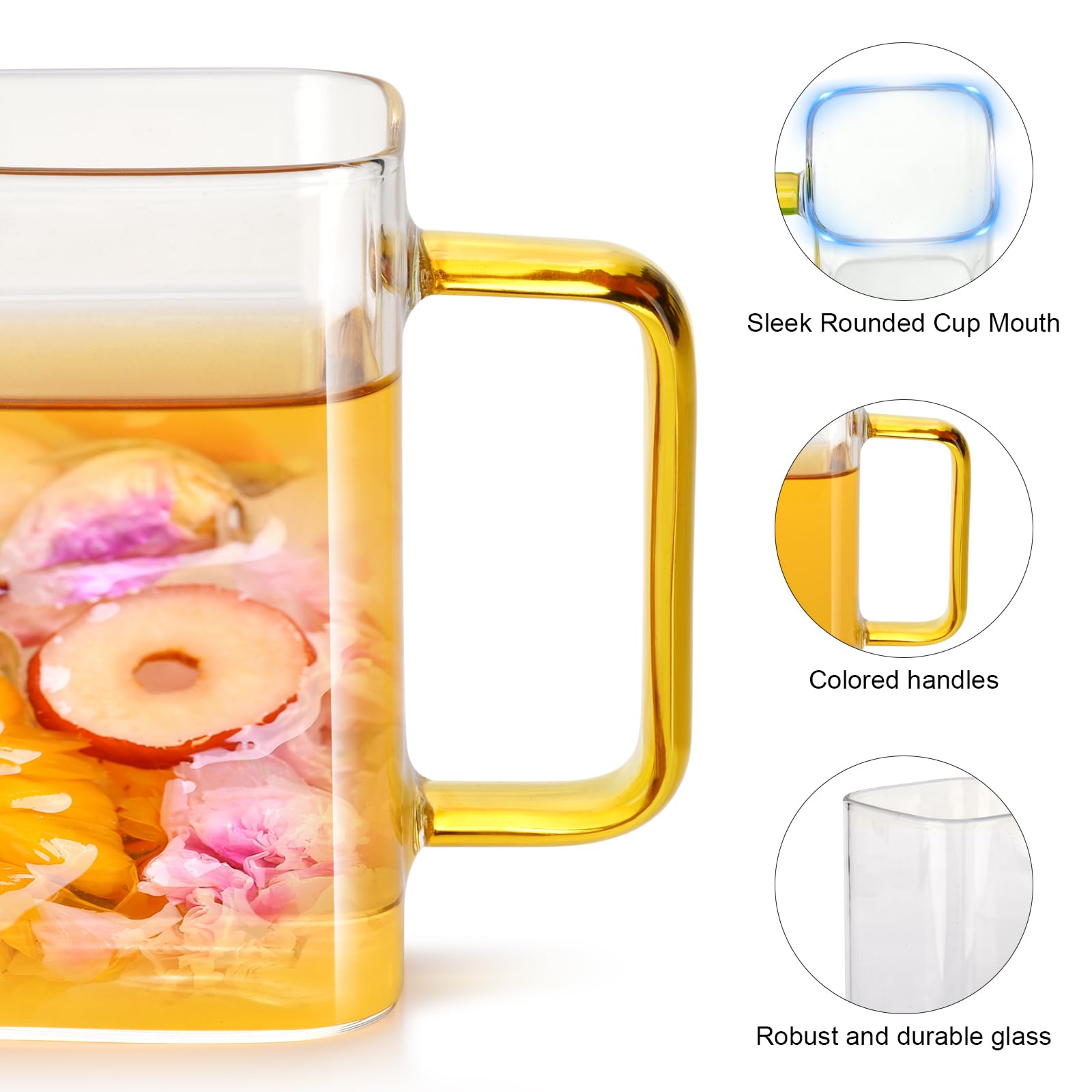 QHYK Transparante glazen, 300 ml, set van 6 kopjes, vierkant, met gekleurde handgrepen, perfect voor thee, sap, koffie, dranken, dagelijks gebruik of feesten, restaurants, bruiloften