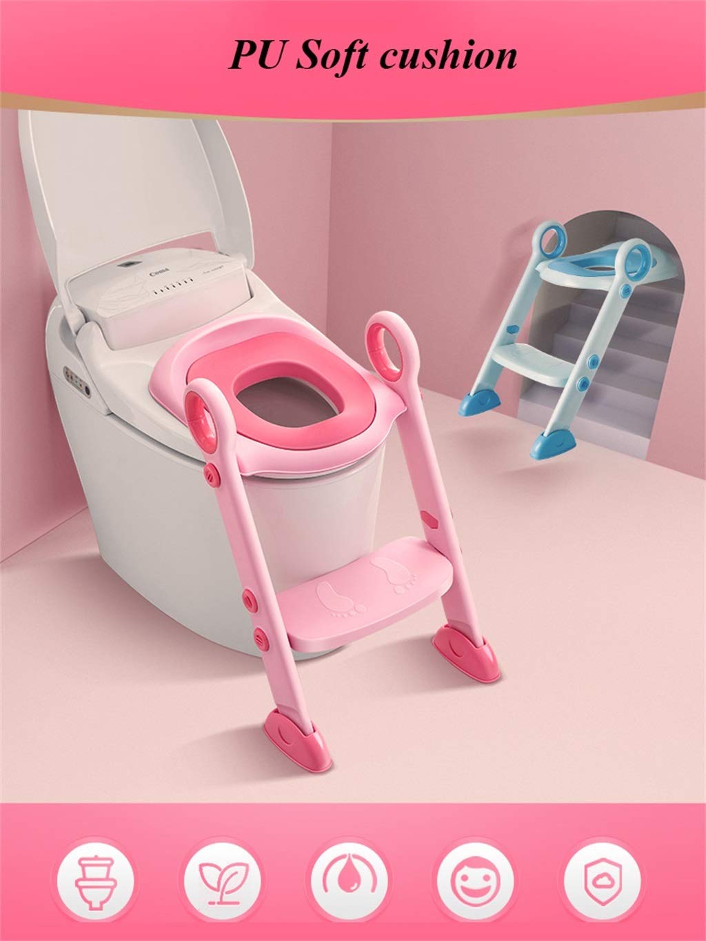 Toilette Töpfchen mit Trittleiter, Ergonomie Portable Einstellbar Töpfchentrainer Sicher Robust Falten Fußbank Zum Bad Junge Mädchen (Farbe : Rosa, Größe : A)