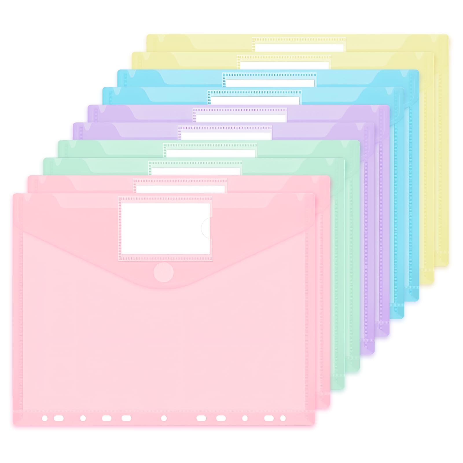 JEFURE A4 Plastic Wallets 10PCS, 11-Hole Waterproof Plastic File Folders, Document Folder Wallets with Label Pocket for Document and Office Supplies Organization, 5 Assorted Pastel Colors