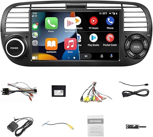Estéreo de coche Android 9 compatible con Fiat 500 (2007-2015), Carplay inalámbrico Android Auto 7 pulgadas IPS pantalla táctil RDS radio de coche