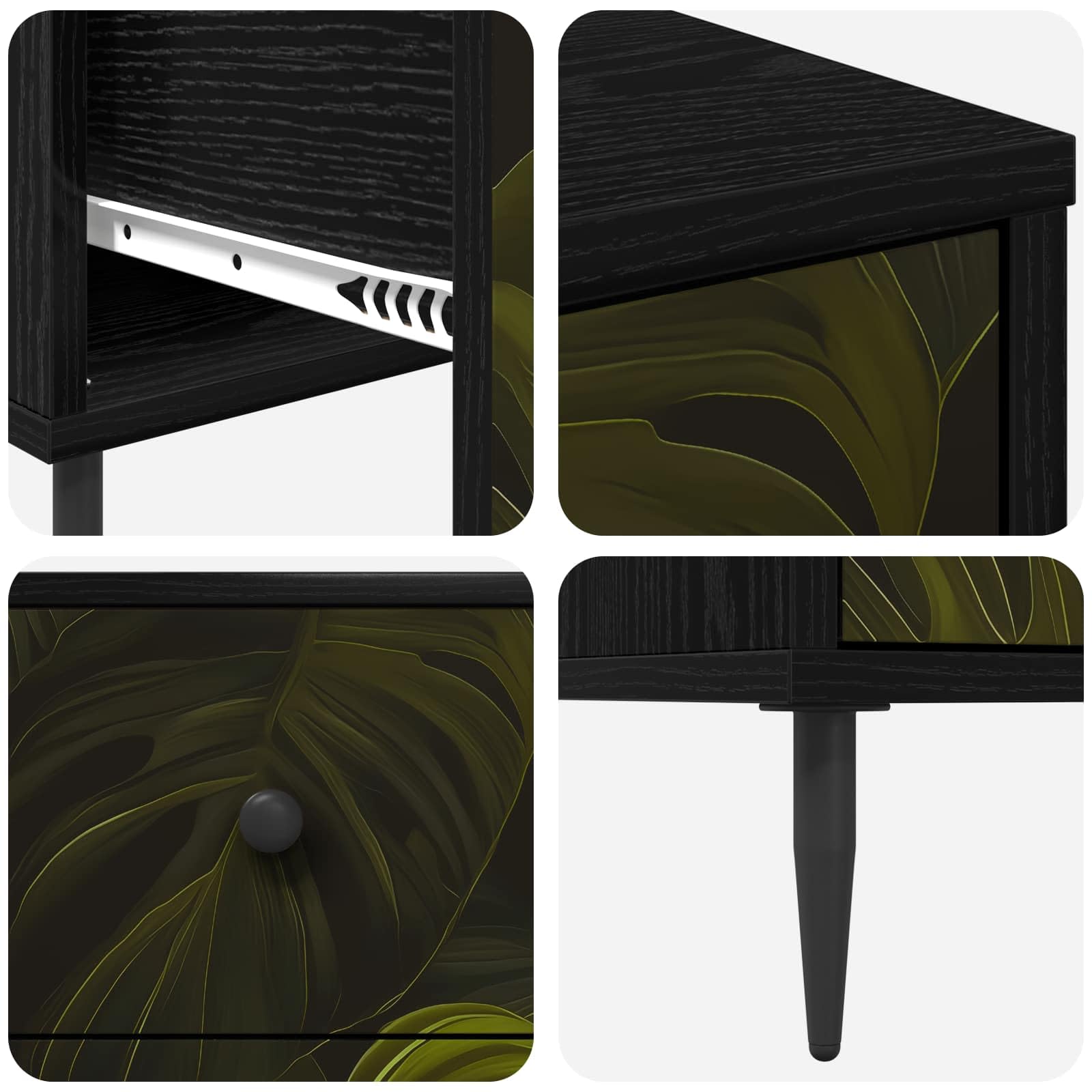Cassettiera Rovere Nero con 3 Cassetti 66x36,5x76 cm | Comò moderno con stampa a foglia per camera da letto o soggiorno, ideale per riporre documenti e accessori.