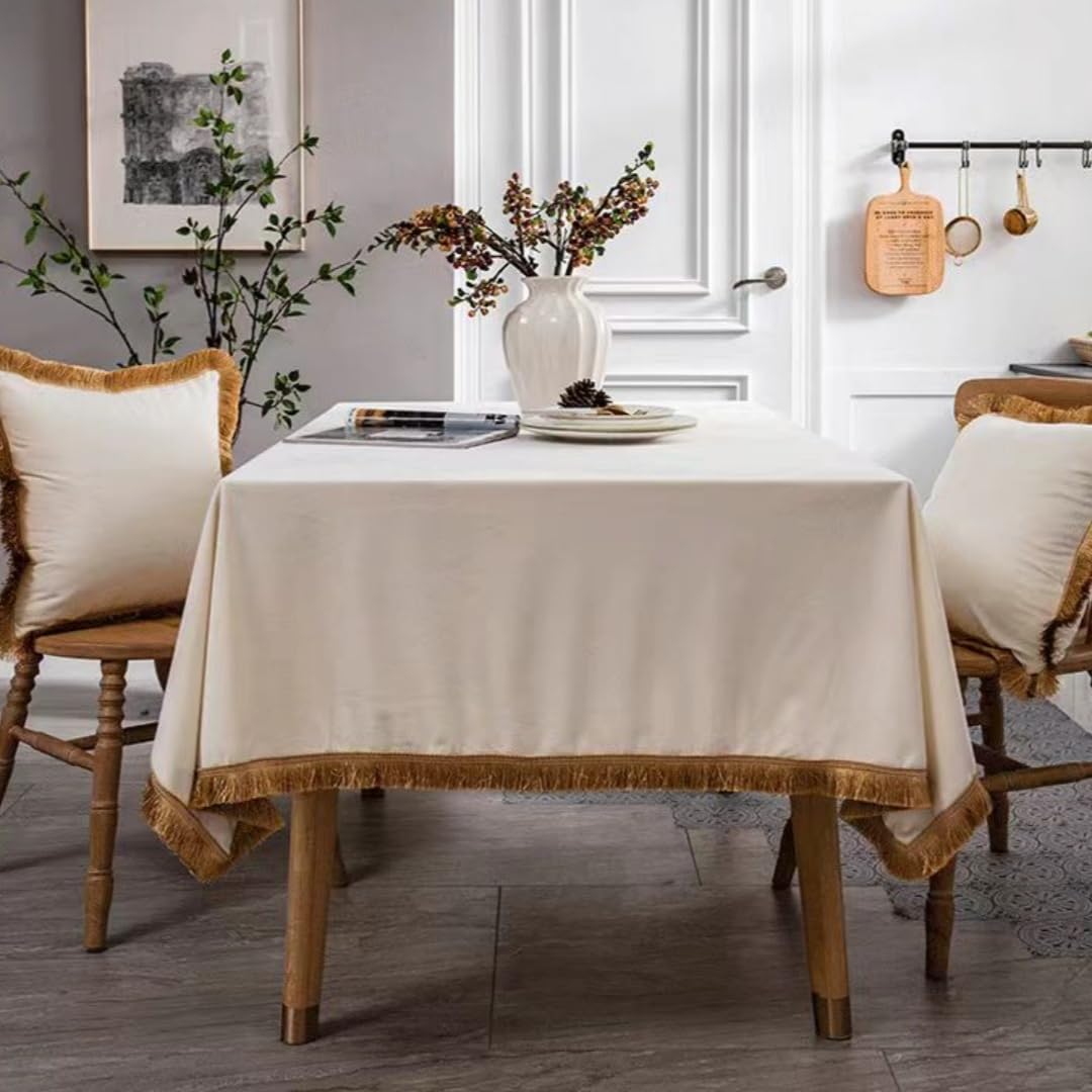 Velvet Tablecloth Luxurious Camel Rectangle Table Tablecloth Thickset with Luxurious Gold Tassels Table Cloth for Home Decor Christmas Wedding, Party, Banquet and Events 55X86inch