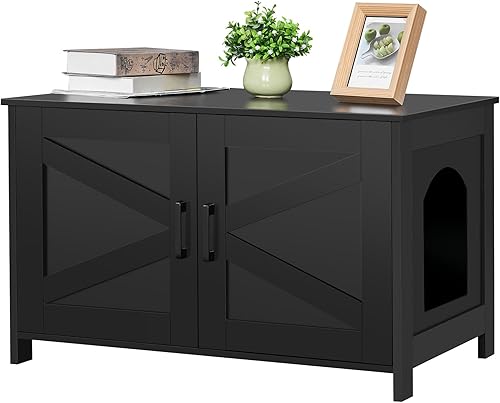 Miniatura 8 de Caja de arena para gatos, muebles ocultos con puerta de granero, muebles de madera para baño, casa de gato, se adapta a la mayoría de cajas de