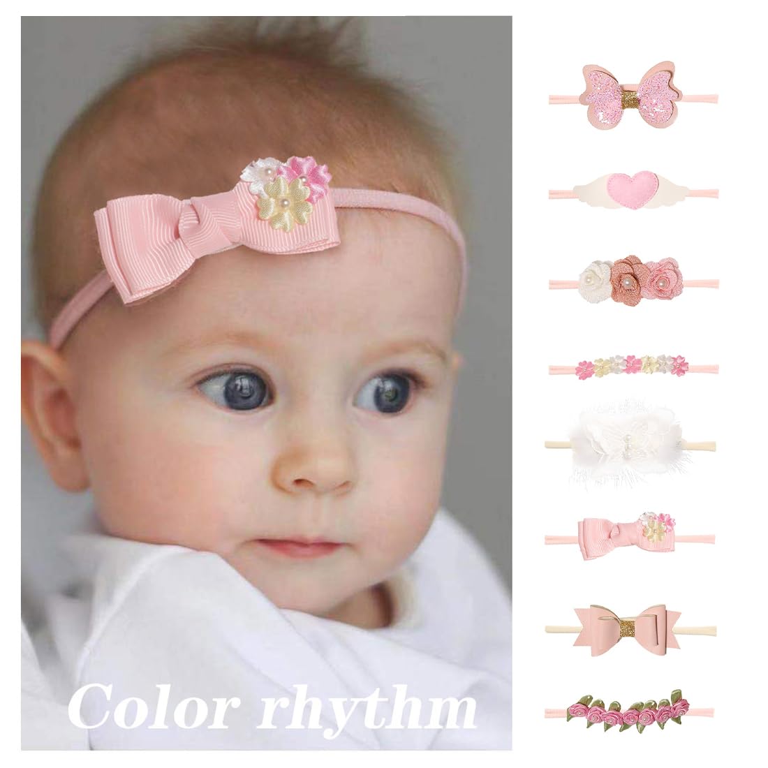 ZKSXOA 8 Pcs Baby Girls Headbands Soft Elastic Nylon Bow Flower Hair Bands Scrunchies Hair Accessories for Newborn Toddlers Kids - Image 2