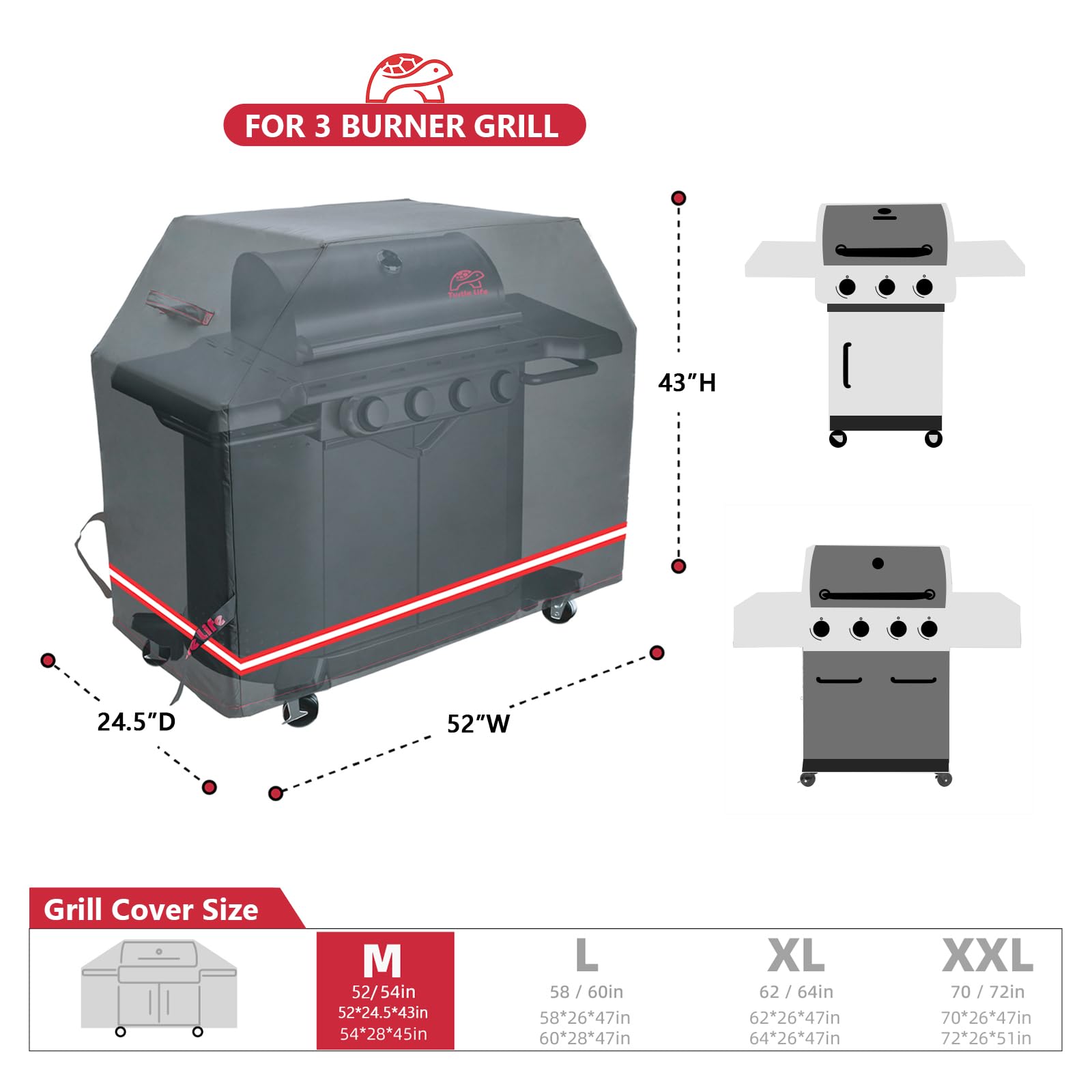 Turtle Life Funda para barbacoa, 132 cm, resistente e impermeable, para parrillas de gas de 3 quemadores, apta Weber Spirit, Char-Broil y Performance y Signature, negro