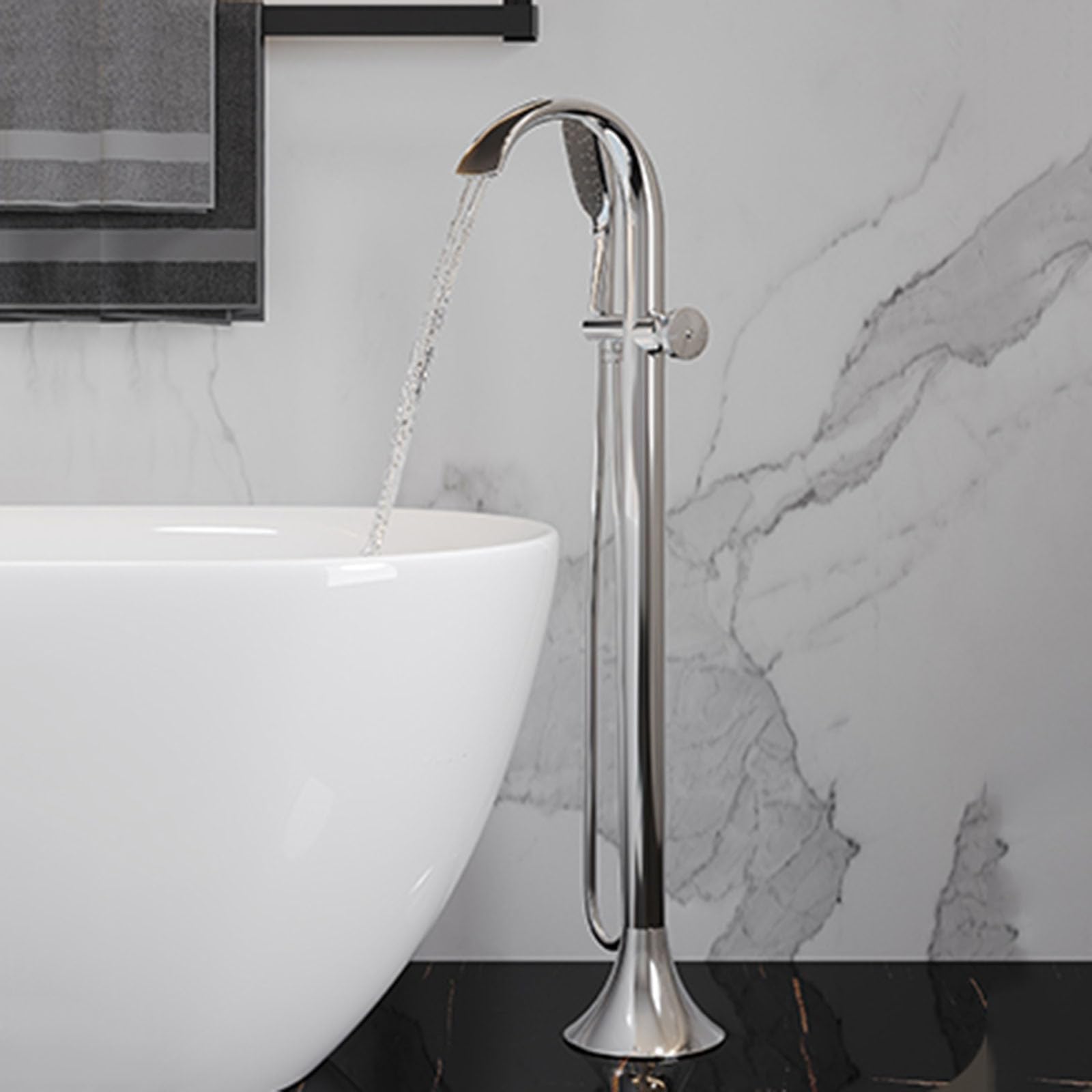 Miscelatore Vasca da Bagno a Cascata con Doccetta a Pavimento 2 Uscite Rubinetto Doccia Monocomando,Cromo Placcato