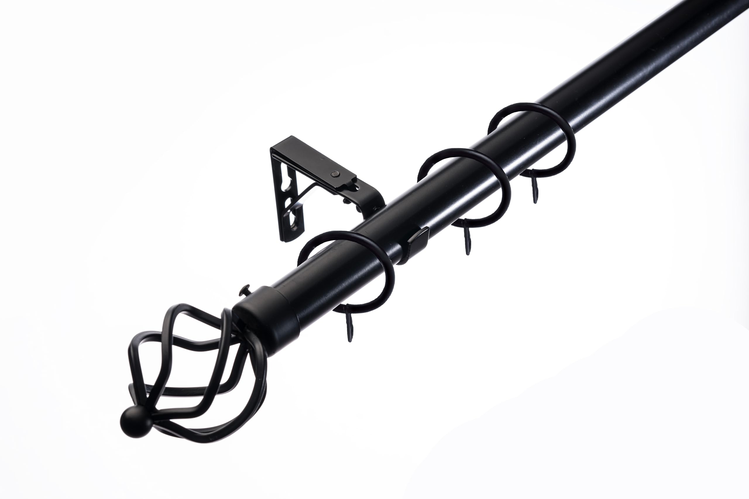 Lister Cartwright 28mm Obsidian Black Adjustable Extendable Metal Curtain Pole Set Rings with Cage Finial Voile Easy fit to Outdoor, Bedroom, Living Room (210-320 cm)