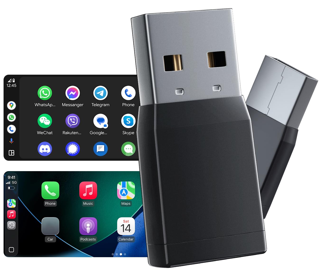 Adattatore wireless CarPlay per iPhone e Android Auto, mini dongle Plug & Play con USB-A e USB-C, converte cablato in wireless CarPlay, compatibile con iPhone e Android, Cars 2016+